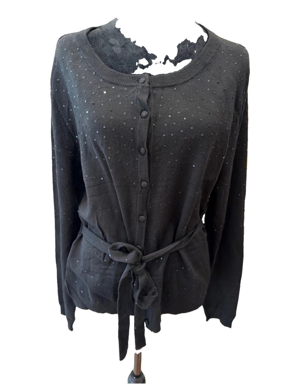 🆕 Parallel ladies black sequin cardigan sweater with tie size XL NWT Holiday